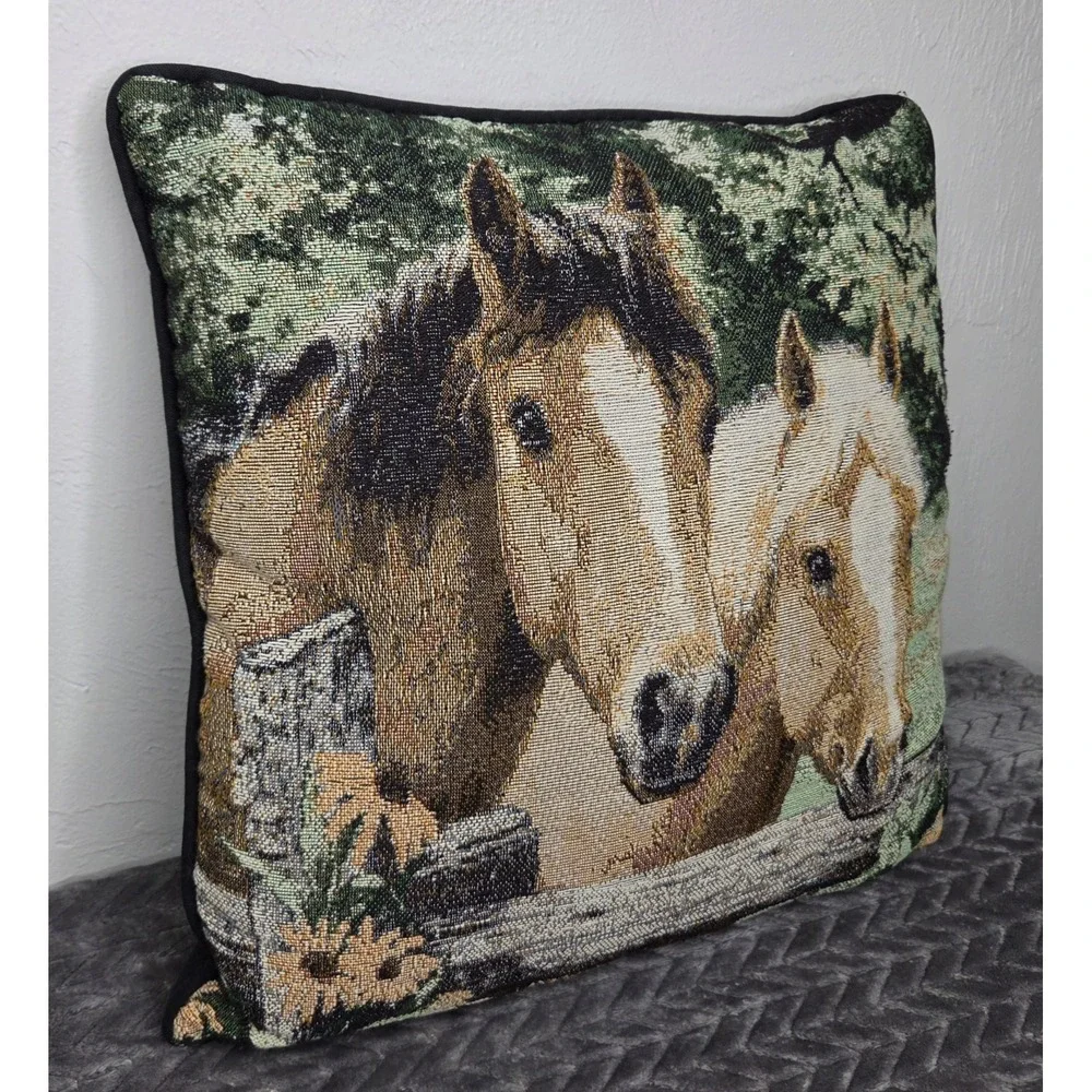 Vintage Two Horses Linda Picken Tapestry Throw Pillow Equestrian Cottage Signed